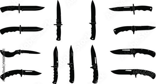 Tactical knife vector silhouettes, hunting combat survival blades, military pocket knives collection, black weapon icon set, editable illustration