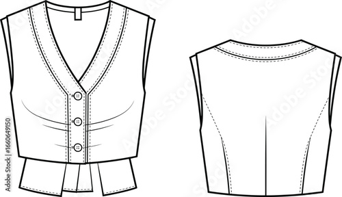 Technical flat sketch of women’s sleeveless buttoned vest with V-neck and pleated hem, front and back views, fashion template