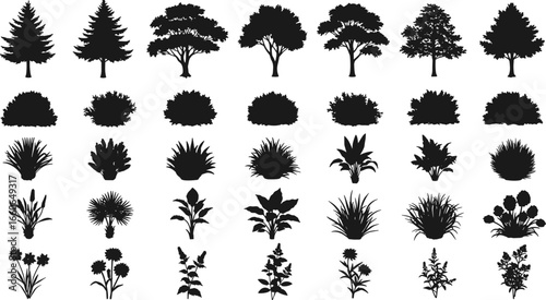 Tree, bush, and plant silhouette vector set, black garden elements, foliage illustration, natural decoration, landscape design vector clipart
