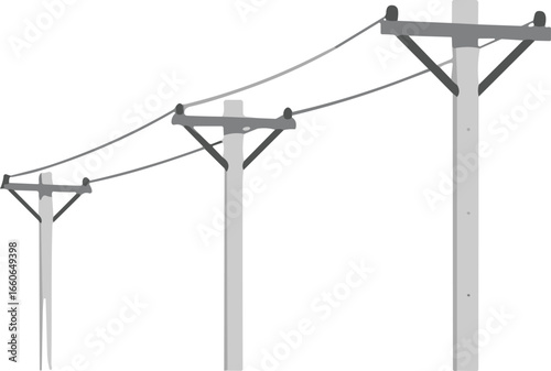 Utility poles in perspective view with overhead power lines, electricity transmission vector, infrastructure design, electric cable line illustration