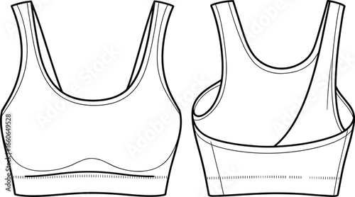 Vector CAD technical flat drawing of seamless sports bra with scoop neck and wide straps, front and back views