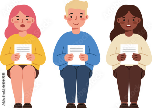 Diverse children holding papers sitting together in casual clothes vector illustration for education or teamwork concept 