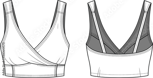 Vector CAD technical flat drawing of seamless sports bra with scoop neckline, wide straps, and elastic underbust band