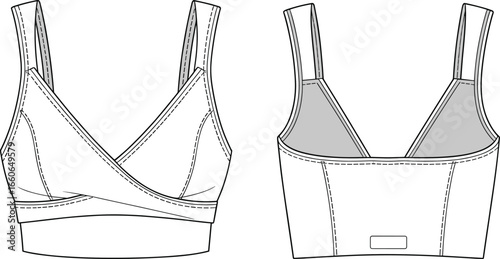Vector CAD technical flat drawing of seamless sports bra with scoop neckline, wide straps, and elastic underbust band