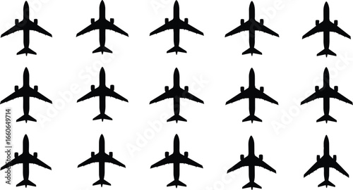 Vector illustration of airplane silhouettes, aircraft top view, black aviation icons, flight transport design, air travel, jet shadow graphic element