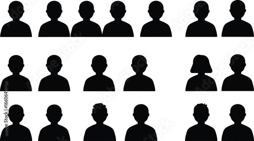 Vector illustration of child head silhouette set, school kid avatar icons for education, identity, apps, design, profile use