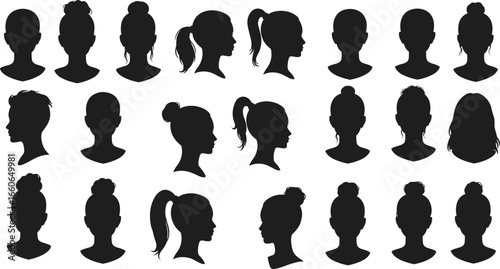 Vector illustration of female head profile silhouettes, hairstyle variety icons for avatar, identity, business, user interface, digital use