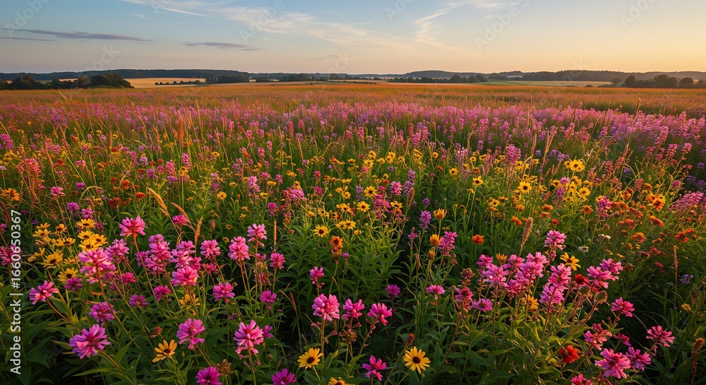 Obraz premium Idyllic Meadow Ablaze with Pink and Yellow Wildflowers Under a Golden Sky