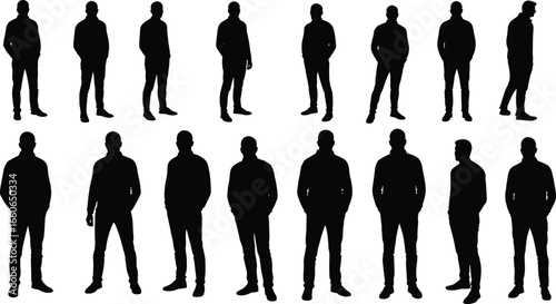 Vector illustration of standing male silhouettes, casual man poses, black shadow figures, fashion posture, confident stance, urban style concept