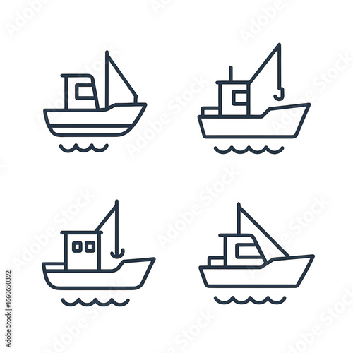 Line art illustrations of four fishing boats on calm ocean  