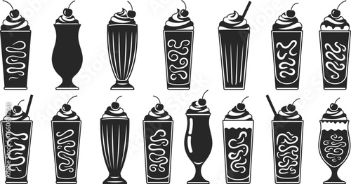 Black on White Milkshake and Smoothie Silhouettes - Glasses with Swirls and Toppings