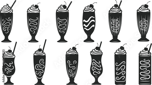 Black on White Milkshake and Smoothie Silhouettes - Glasses with Swirls and Toppings