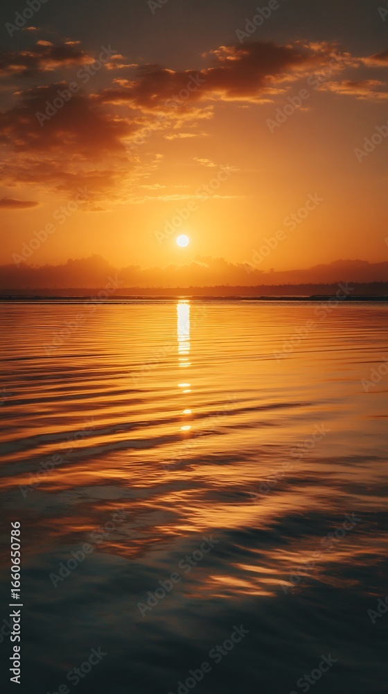 Naklejka premium Sunset over calm sea golden reflections serene vertical mobile wallpaper