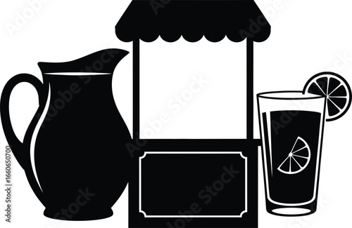 Black on White Lemonade Stand Silhouettes - Pitcher, Glass, and Lemon Icons
