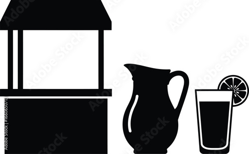 Black on White Lemonade Stand Silhouettes - Pitcher, Glass, and Lemon Icons