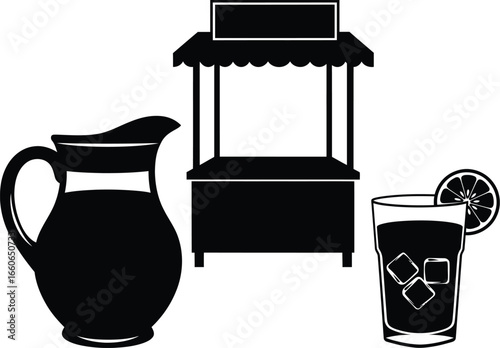 Black on White Lemonade Stand Silhouettes - Pitcher, Glass, and Lemon Icons