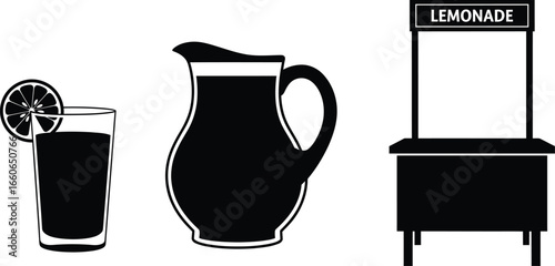 Black on White Lemonade Stand Silhouettes - Pitcher, Glass, and Lemon Icons