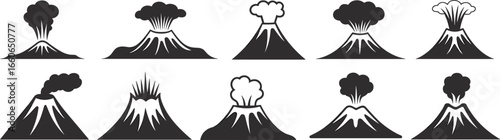 Volcano eruption vector silhouette set, explosive mountain icons, volcanic activity design, lava explosion clipart, natural disaster illustration