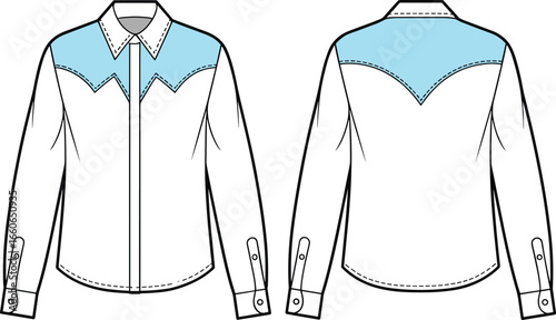Western style shirt front and back vector template, long sleeve button-up fashion design with yoke detail, clothing sketch mockup