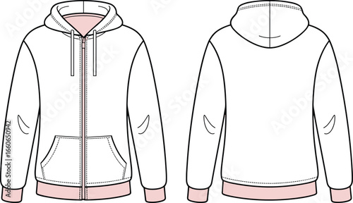 White zip hoodie vector template with pink trim and drawstring hood, unisex fashion flat sketch front and back view