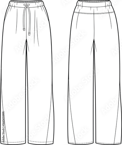 Wide leg sweatpants flat sketch, drawstring waist joggers design, front and back CAD drawing, fashion vector illustration, technical apparel sketch