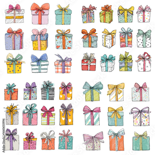 Set of colorful hand-drawn gift boxes with ribbons and bows in various shapes and patterns. Perfect for birthday, holiday, and celebration designs, packaging, or festive decoration projects.