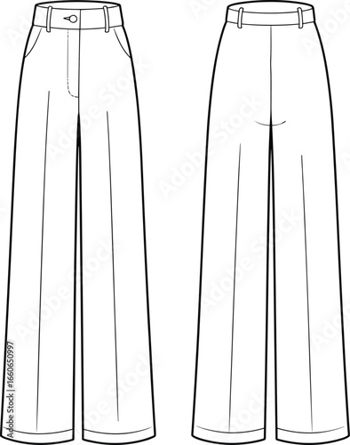 Wide leg pants flat sketch, fashion technical drawing, women’s trousers CAD, front and back view, vector illustration, sewing design