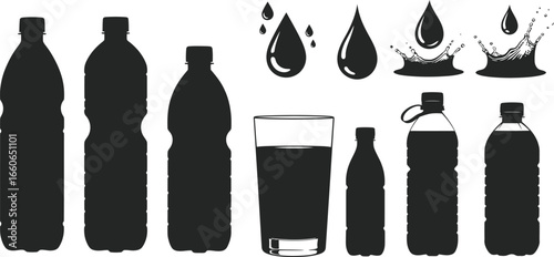 Black on White Water and Hydration Silhouettes - Bottles and Glasses
