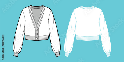 Women’s cropped cardigan flat sketch with balloon sleeves, ribbed trims and buttons – fashion vector front and back views