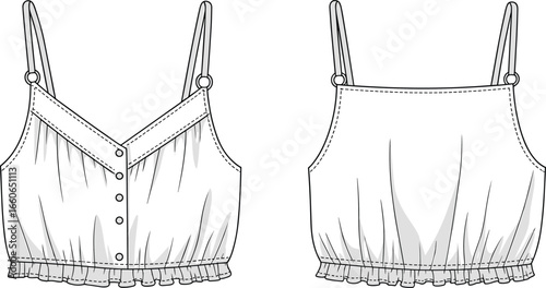 Women’s buttoned crop top vector, adjustable spaghetti straps, ruffled hem, V-neckline, casual fashion, summer clothing, CAD drawing, flat vector illustration