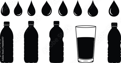 Black on White Water and Hydration Silhouettes - Bottles and Glasses