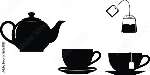 Black on White Tea Time Silhouettes - Teapots, Teacups, and Tea Bags Icons