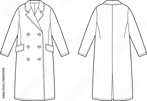 Women’s double breasted coat, long trench coat flat sketch, fashion CAD drawing, outerwear front and back, vector technical illustration