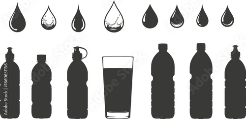 Black on White Water and Hydration Silhouettes - Bottles and Glasses