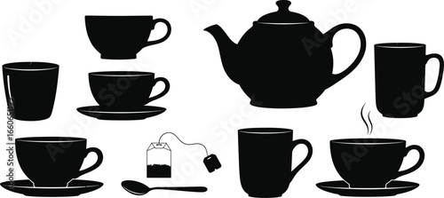 Black on White Tea Time Silhouettes - Teapots, Teacups, and Tea Bags Icons