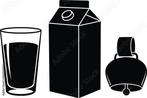 Black on White Milk and Dairy Drink Silhouettes - Milk Carton, Glass, and Cowbell Icons