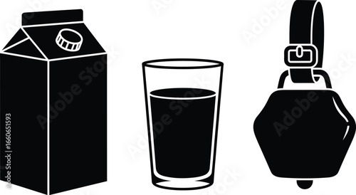 Black on White Milk and Dairy Drink Silhouettes - Milk Carton, Glass, and Cowbell Icons