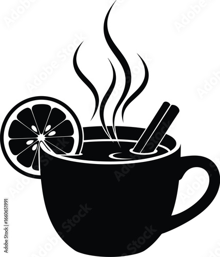 black cup of tea with lemon and cinnamon clip art preview