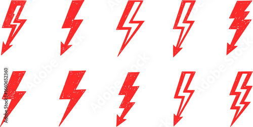 Set of sketched Red flash lightning bolt icon. Electric power symbol. Power energy sign