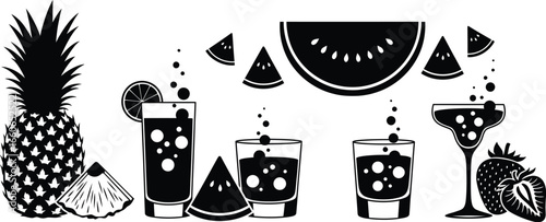 Black on White Fruity Drink Silhouettes - Whole and Sliced Fruits Icons