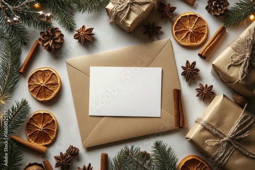 Blank greeting card surrounded by festive decor including cinnamon sticks, dried orange slices, pine cones, and rustic gift boxes.