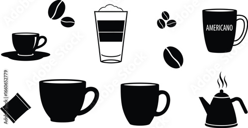 Black and White Coffee Shop Menu Silhouettes - Espresso, Latte, and Americano Icons