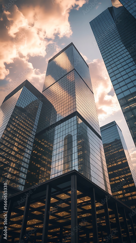 Naklejka premium Low angle view of glass skyscrapers at sunset with dramatic clouds