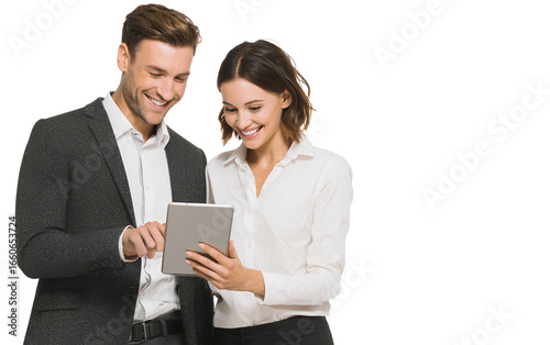  A man and woman smiling while looking at an iPad, transparent background, professional attire, professional photograph, high resolution.