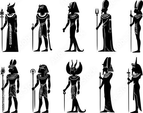 Vector sketch illustration collection of silhouette sketches of character designs of ancient Egyptian gods and pharaohs