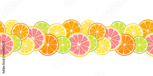 Juicy citrus fruits slices seamless border with orange, lemon and lime on transpent background. Vector illustration in flat style