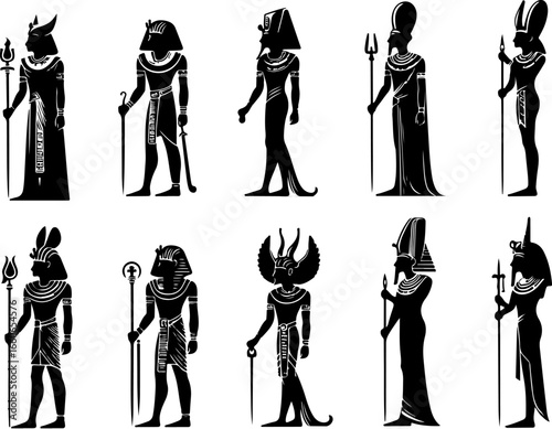 Vector sketch illustration collection of silhouette sketches of character designs of ancient Egyptian gods and pharaohs