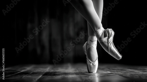 Elegant ballet dancer legs in pointe shoes. Dancer standing en pointe on dark wooden stage. Artistic black and white classic dance.
