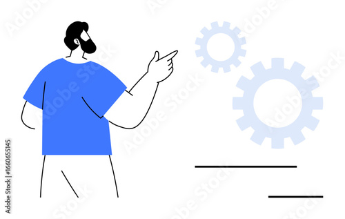 Person pointing at large gears suggesting innovation, teamwork, and process development. Ideal for teamwork, technology, efficiency, workflow, innovation productivity and strategy. Simple flat