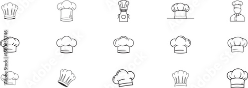 A Diverse Vector Set of Chef Hats, Toques, and Culinary Professional Icons in a Detailed Line Art Style